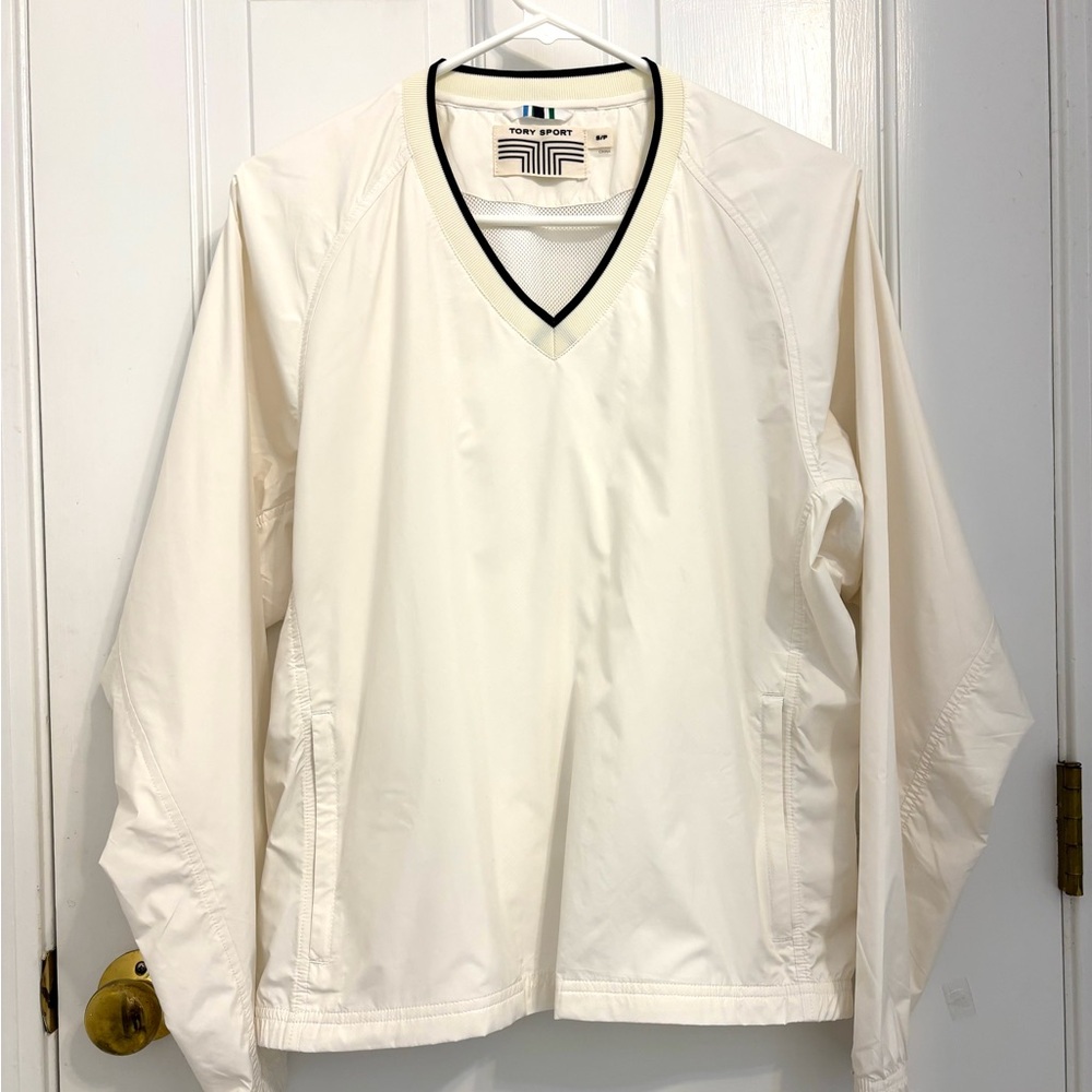TORY BURCH SPORT White V-Neck Windshirt Windbreaker Pullover Size Small